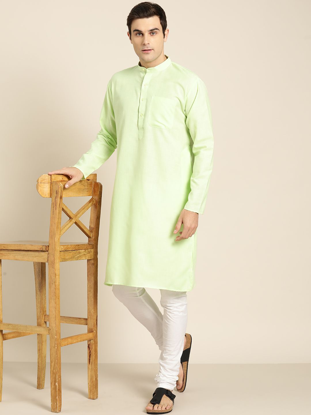 SOJANYA Men Lime Green Solid Straight Kurta