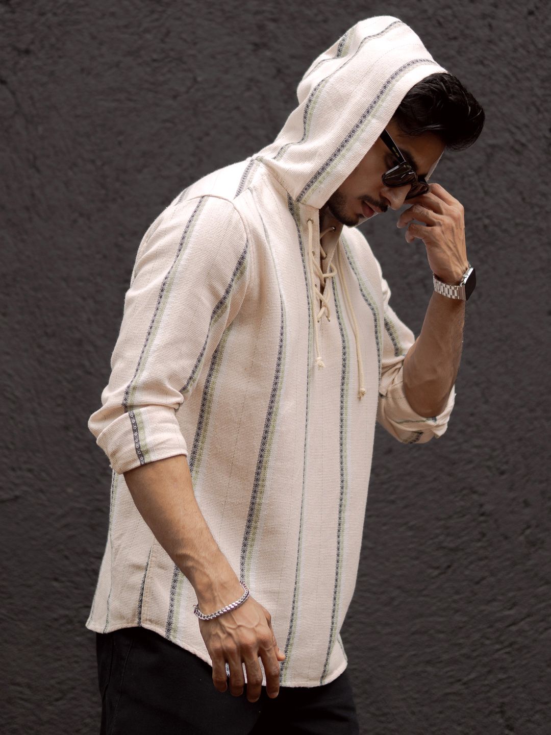 Powerlook Men Collarless Vertical Striped Pure Cotton Casual Shirt
