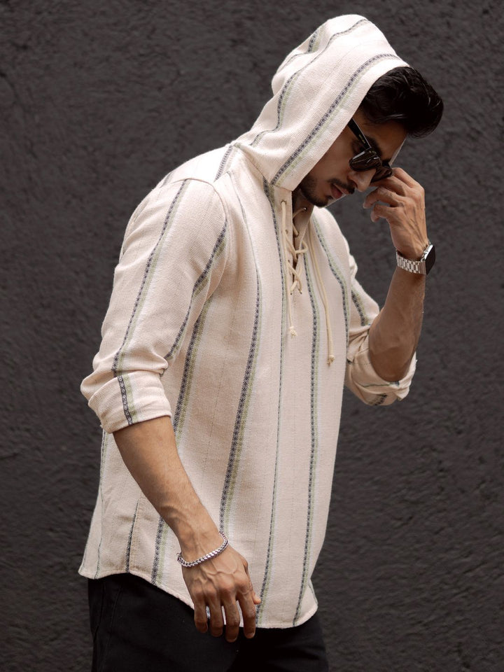 Powerlook Men Collarless Vertical Striped Pure Cotton Casual Shirt