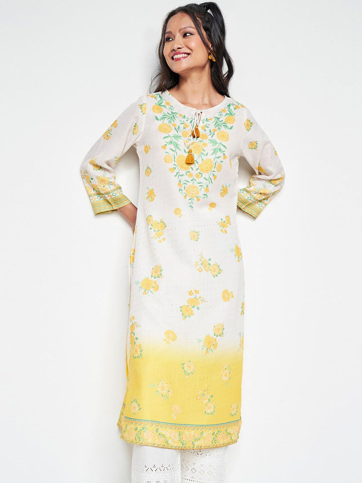 Global Desi Ethnic Motifs Printed Tie-Up Neck Straight Kurta