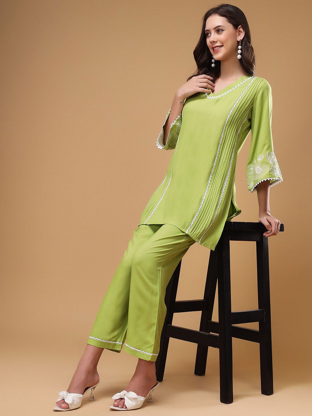 Bani Women Floral Embroidered V-Neck Lace Top & Flared Trouser