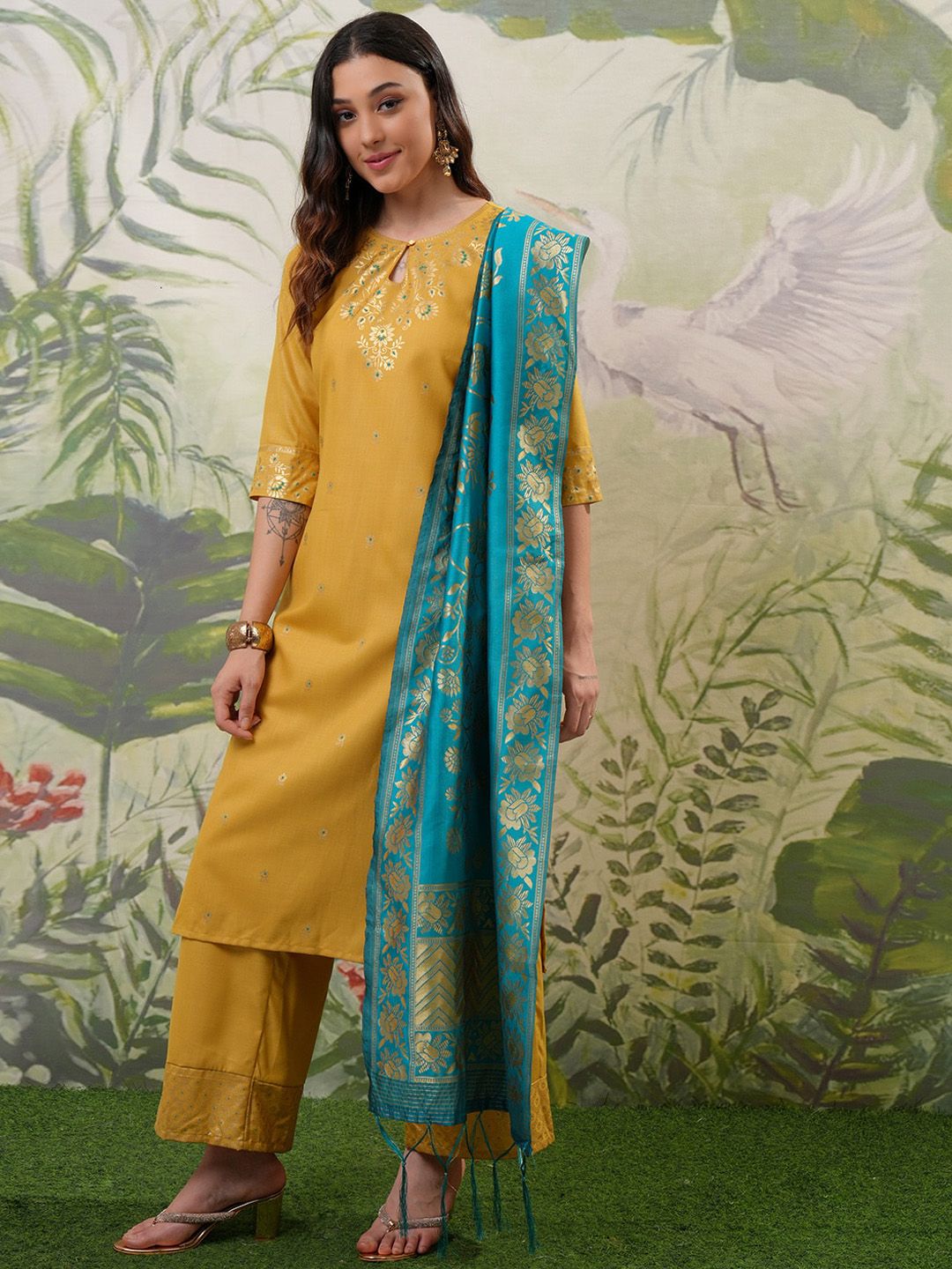 Vishudh Yellow Floral Printed Regular Kurta with Palazzo & Dupatta