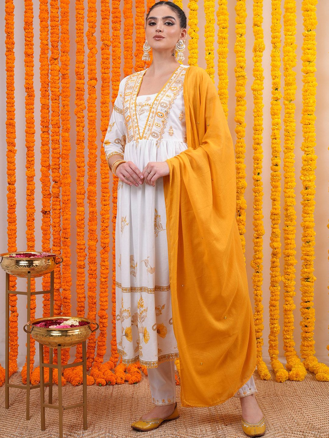 Vishudh White Floral Embroidered Empire Mirror Work Cotton Kurta with Trousers & Dupatta