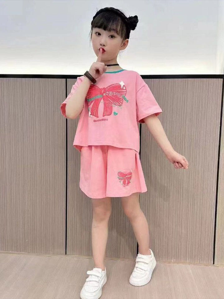 YK Girls Printed Round Neck T-Shirt With Shorts