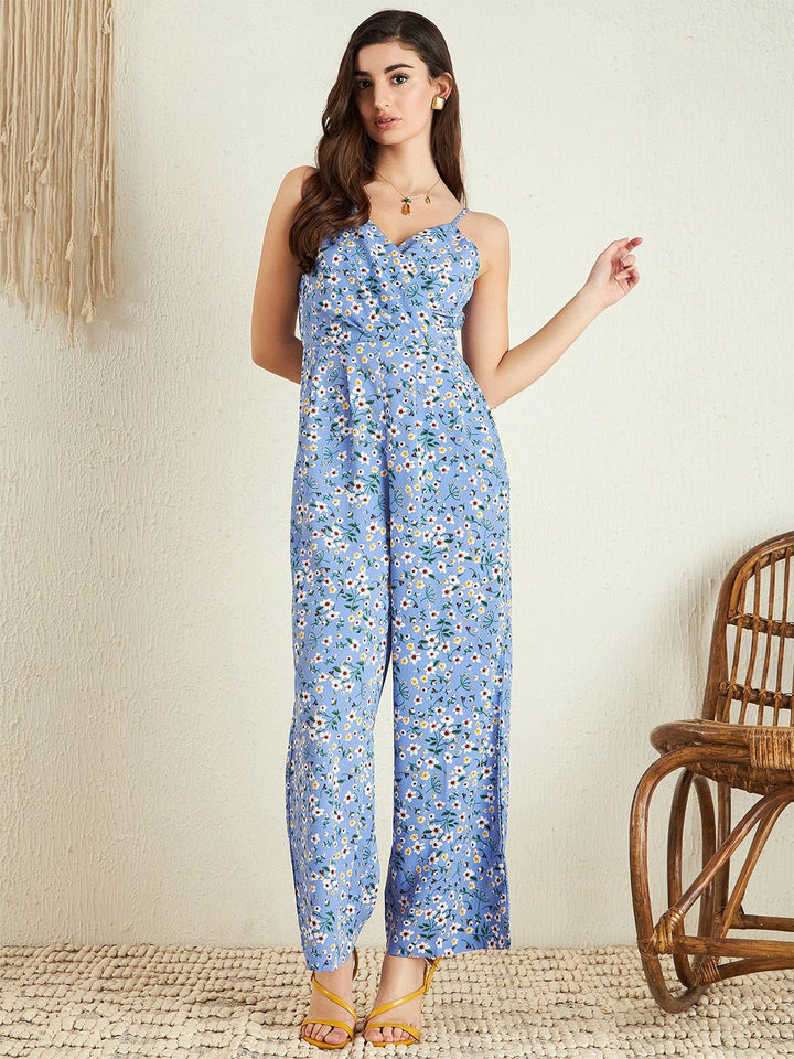 Berrylush Blue Floral Printed Shoulder Straps Jumpsuit