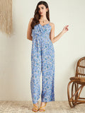 Berrylush Blue Floral Printed Shoulder Straps Jumpsuit