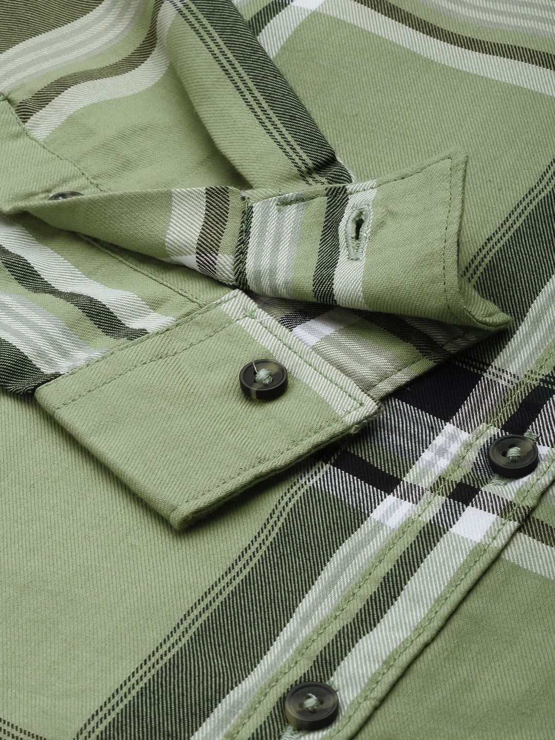 The Indian Garage Co Men Olive Green & White Tartan Checks Checked Cotton Casual Shirt