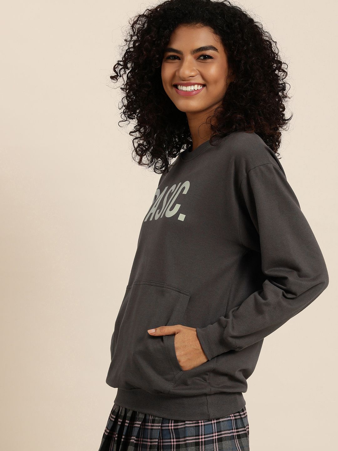 DILLINGER Women Grey Typographic Oversized Sweatshirt