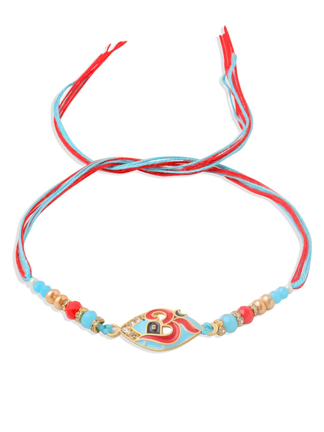 NVR Unisex Red & Blue Artificial Stones and Beads Om Thread Rakhi With Roli Chawal