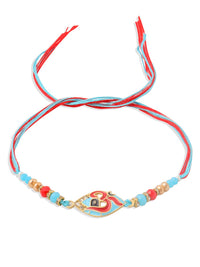 NVR Unisex Red & Blue Artificial Stones and Beads Om Thread Rakhi With Roli Chawal