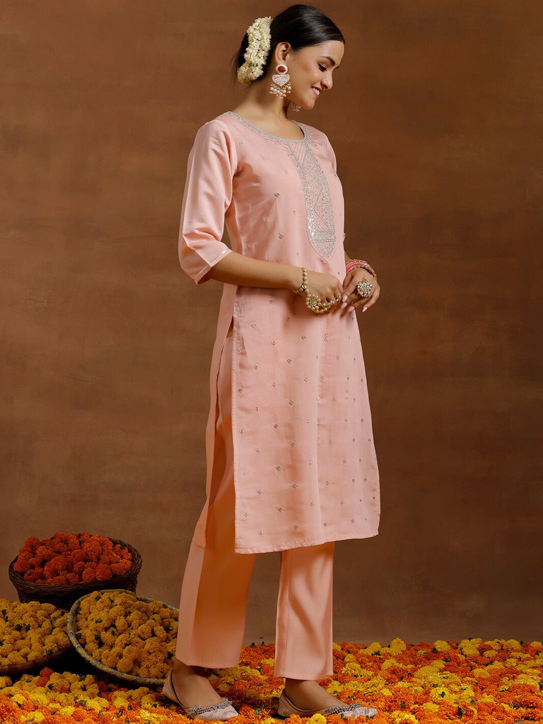 Gerua By Libas Floral Yoke Design Regular Sequinned Kurta With Trousers & Dupatta