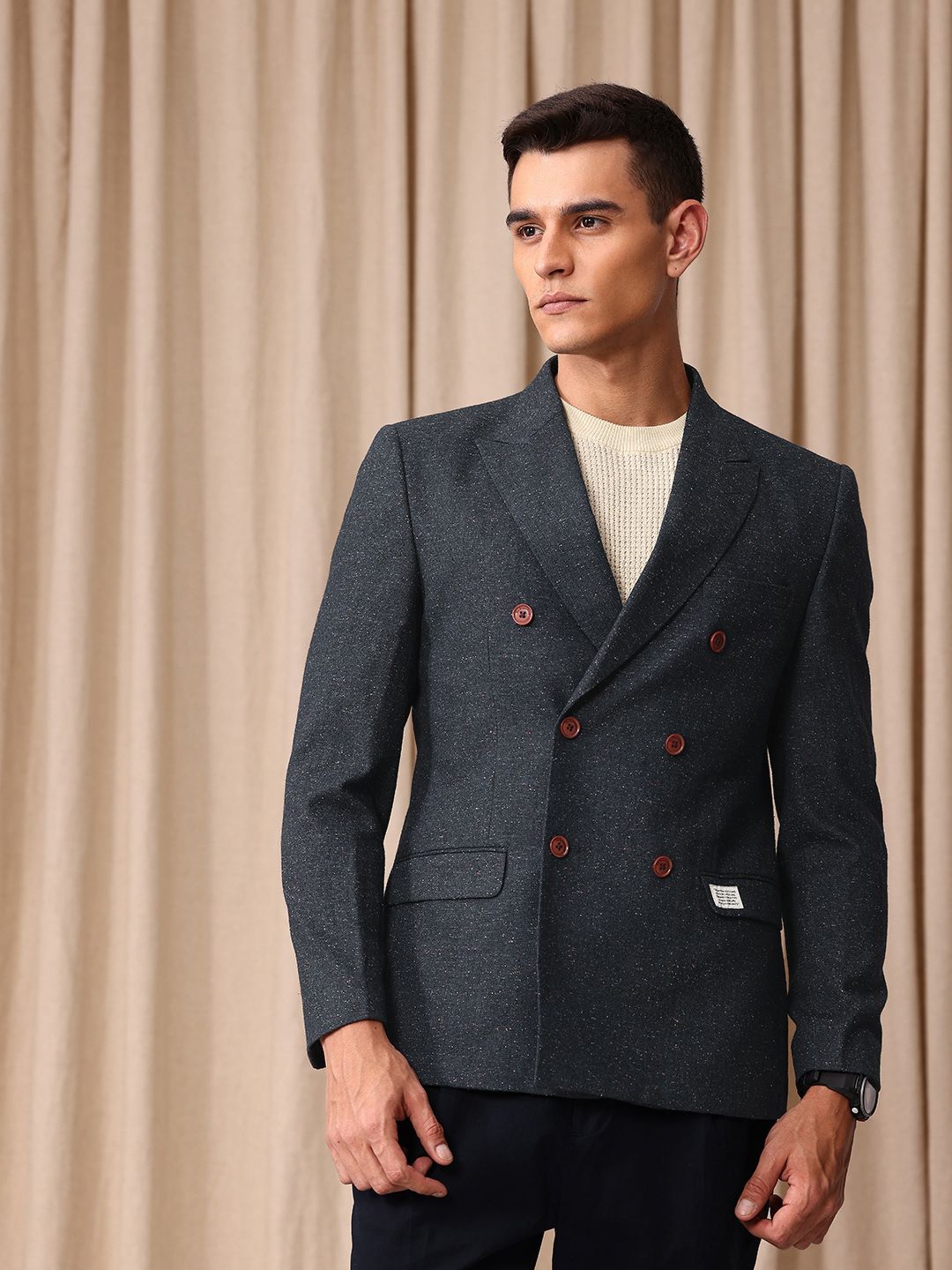 Mr Bowerbird Self Design Tailored Fit Double Breasted Casual Blazer