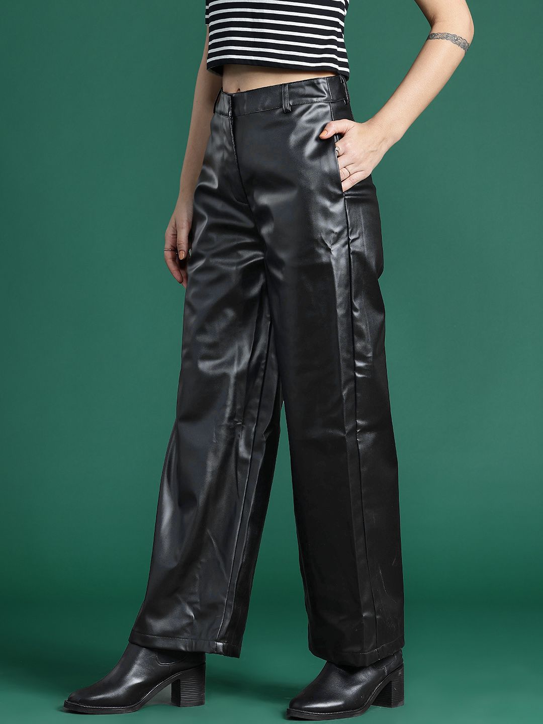 DressBerry Women  Regular-Fit Faux Leather Wide Leg Trousers