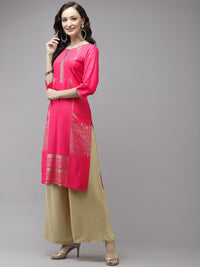 W Women Pink & Golden Geometric Printed Keyhole Neck Straight Kurta