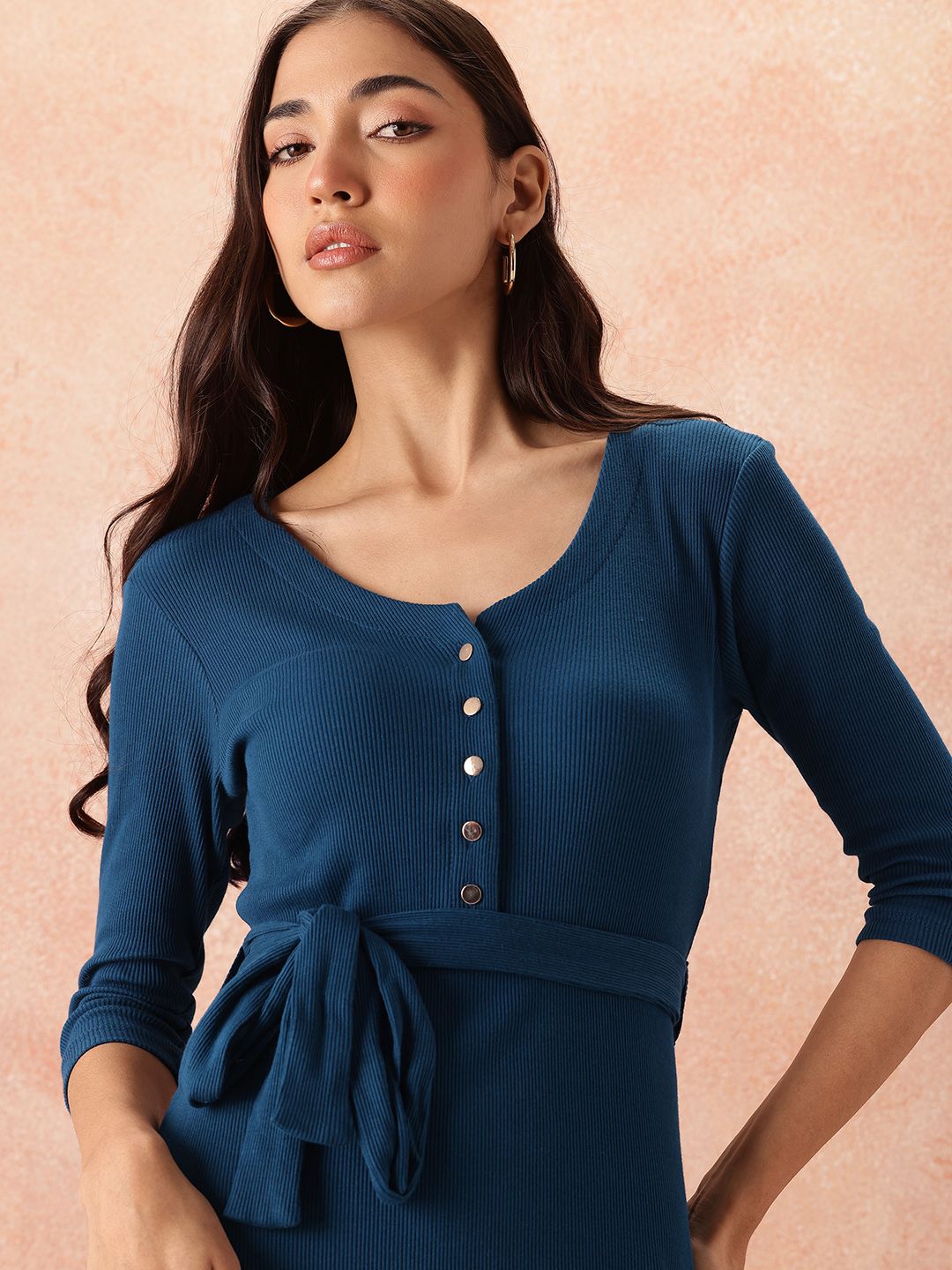 all about you Cotton Ribbed Sheath Midi Dress with Belt