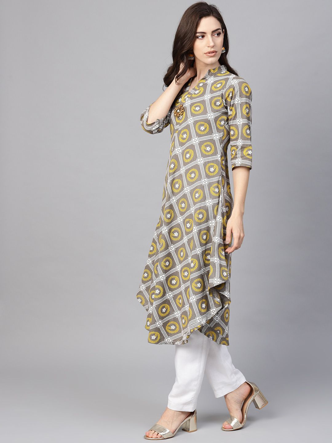 SOJANYA Kurta Bercetak A-Line Wanita Kelabu & Kuning
