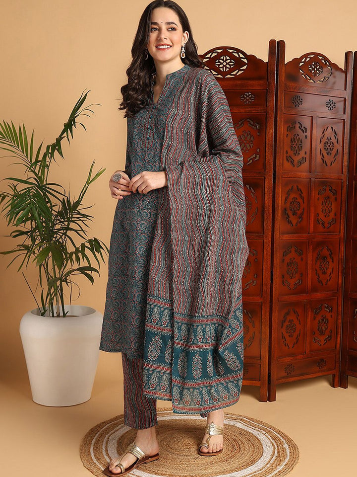KALINI Ethnic Motifs Printed Mandarin Collar Kurta With Trousers & Dupatta