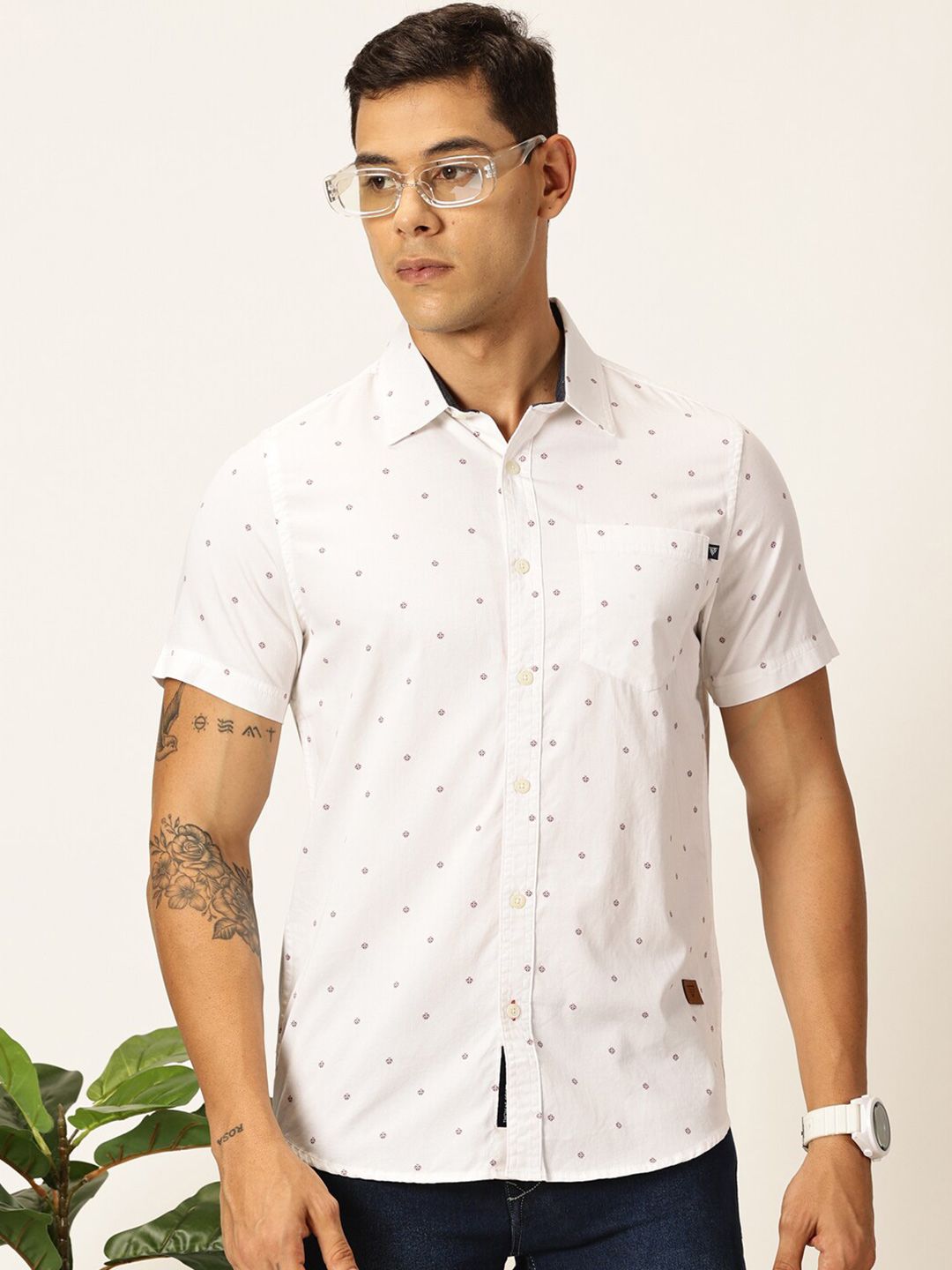 Thomas Scott Men Premium Spread Collar Micro Ditsy Printed Cotton Slim Fit Casual Shirt