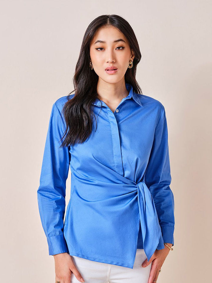 AND Women Solid Shirt Collar Long Sleeves Cotton Top