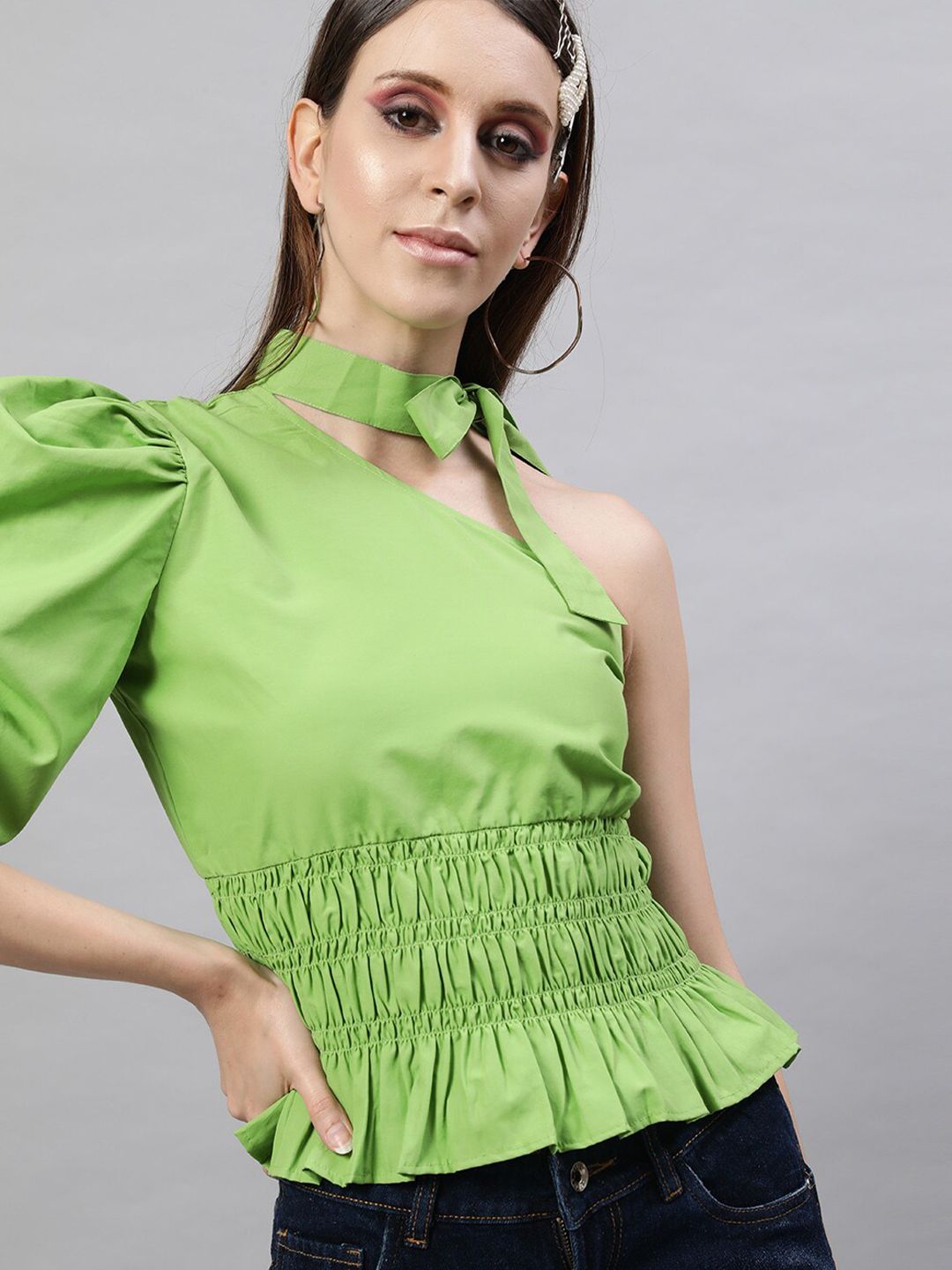 STREET 9 Green One Shoulder Puff Sleeve Smocked Cotton Top