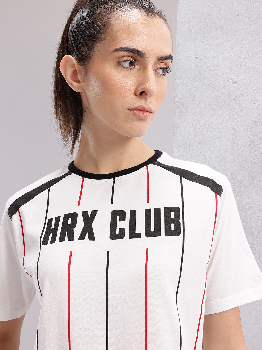 HRX by Hrithik Roshan Women Brand Logo Printed Striped T-shirt