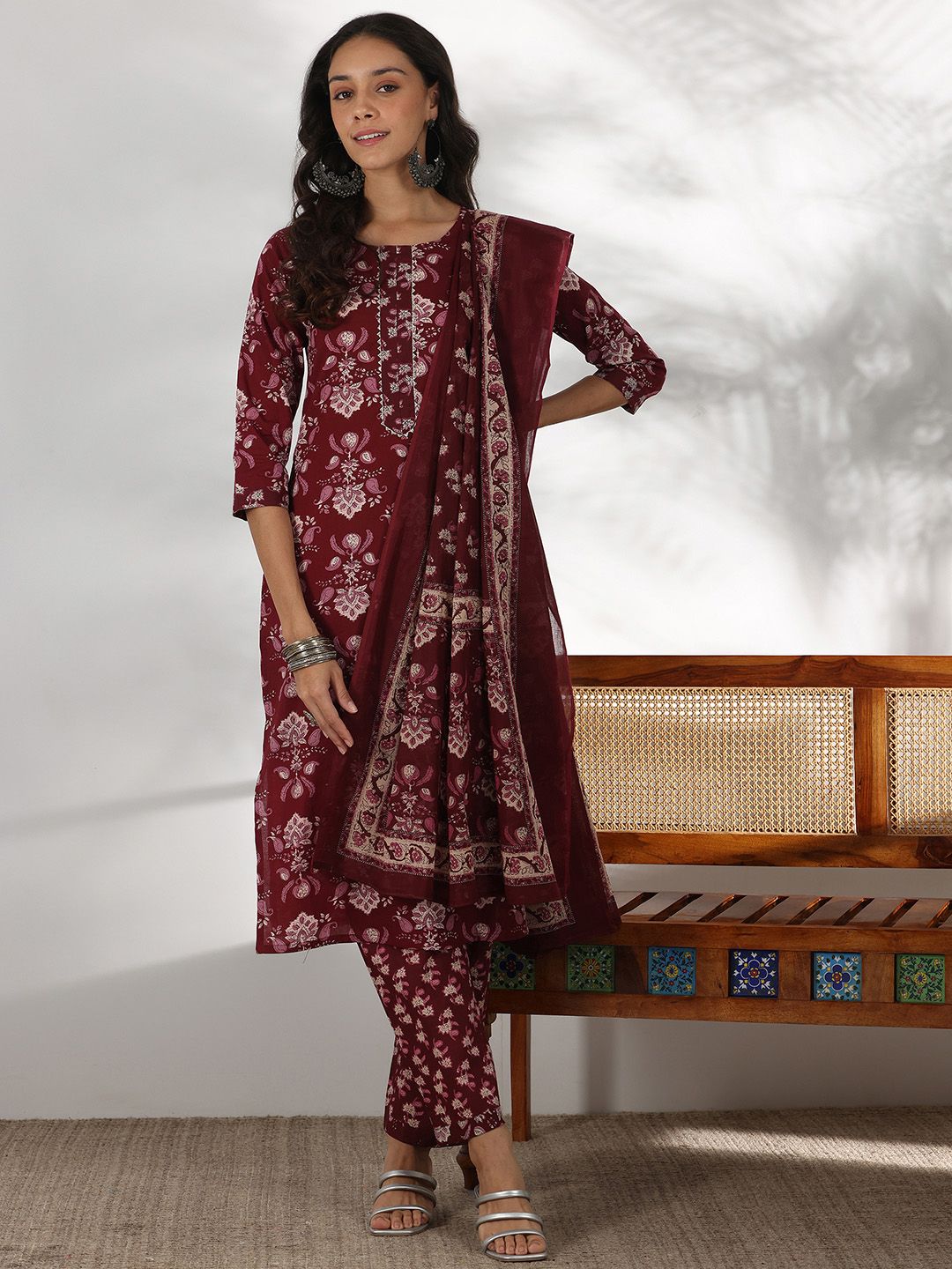 Libas Floral Printed Gotta Patti Pure Cotton Straight Kurta with Trouser & Dupatta