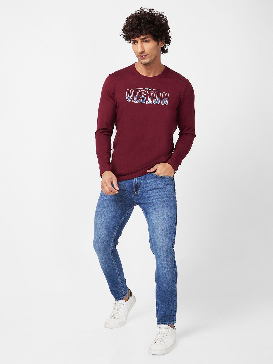 SPYKAR Typography Printed Long Sleeves Slim Fit Cotton T-Shirt