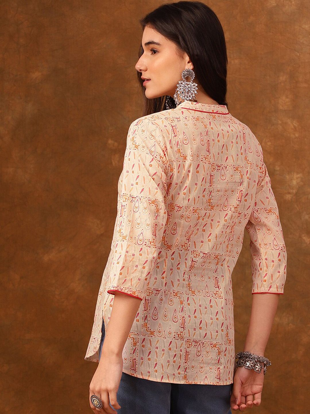 Anouk Ethnic Motif Printed Mandarin Collar Three-Quarter Sleeves Cotton Short Kurti