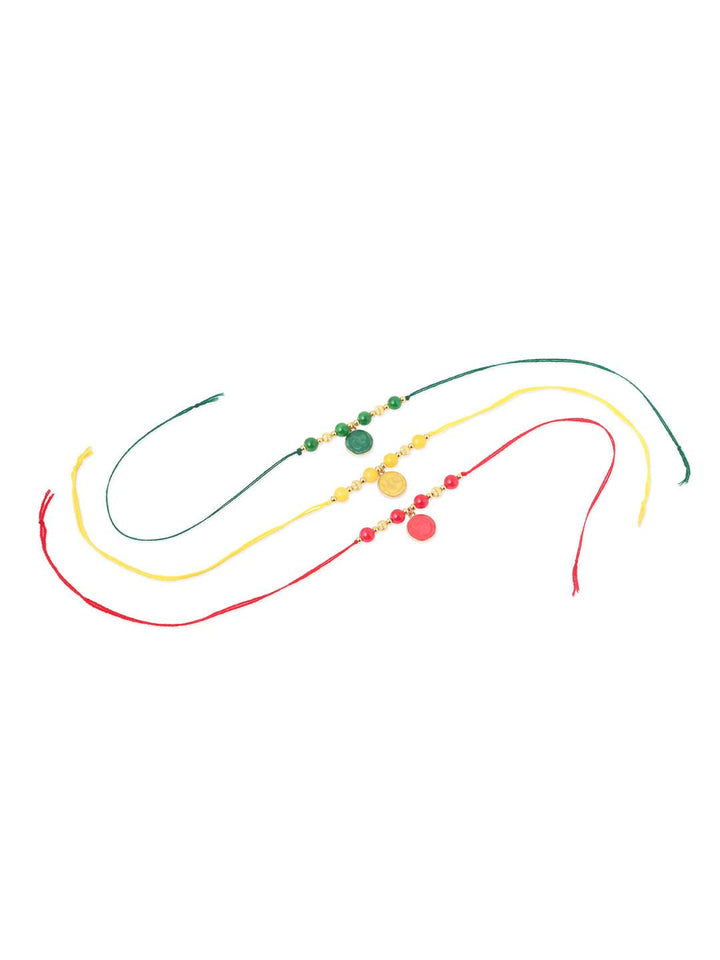 NVR Unisex Set of 3 Artificial Beads Thread Rakhi with Roli Chawal Chandan Mishri