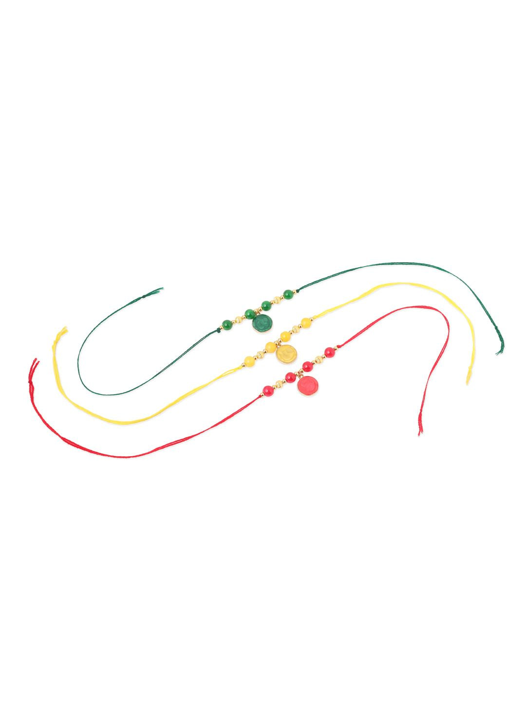 NVR Unisex Set of 3 Artificial Beads Thread Rakhi with Roli Chawal Chandan Mishri