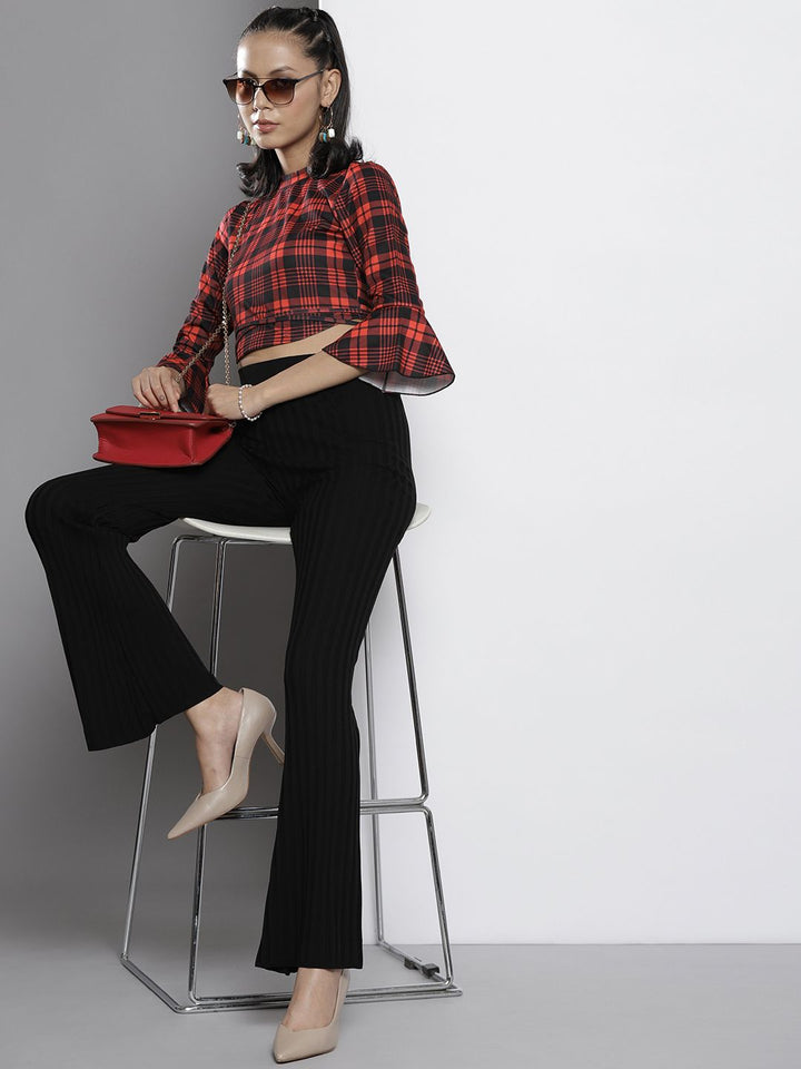 SASSAFRAS Red & Black Checked Knit High Neck Tie-Waist Crop Top