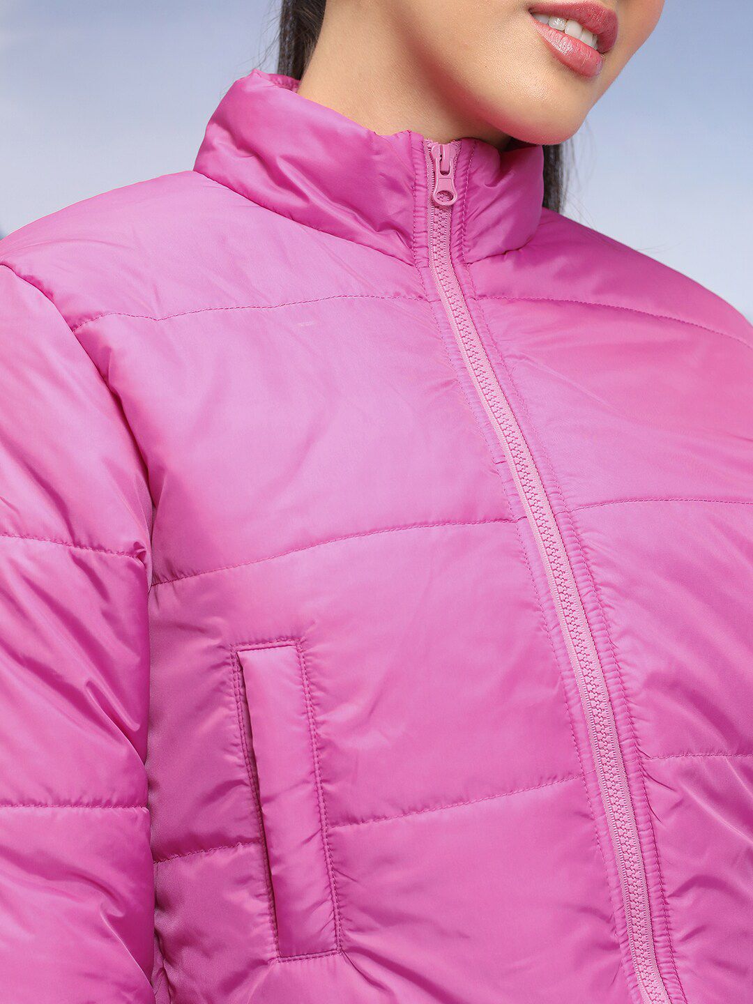 Tokyo Talkies Pink Mock Collar Crop Puffer Jacket