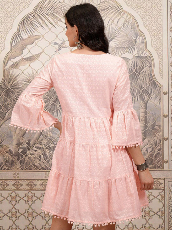 Vishudh Pink Tie-Up Neck Cotton Bell Sleeve Fit & Flare Dress