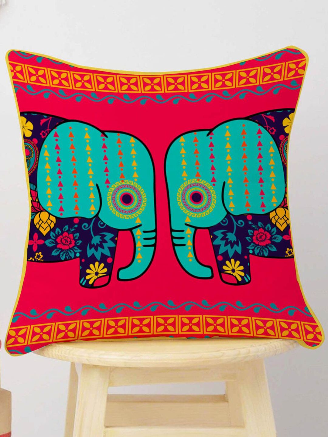 STITCHNEST Blue & Orange Set of 5 Floral Velvet Square Cushion Covers