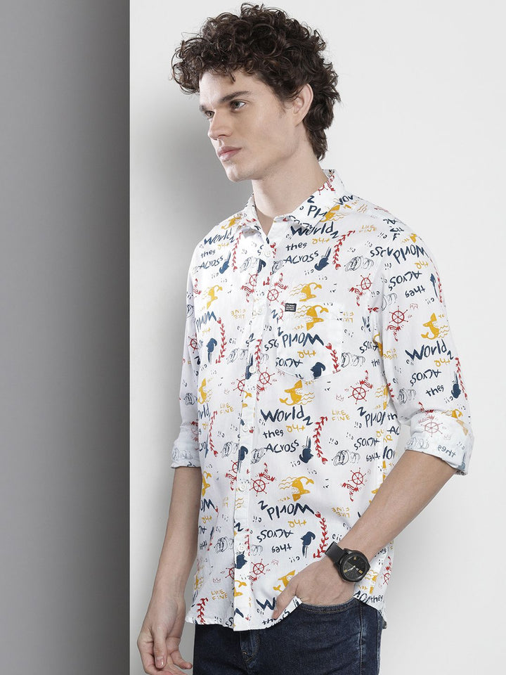The Indian Garage Co Men White Printed Cotton Casual Shirt