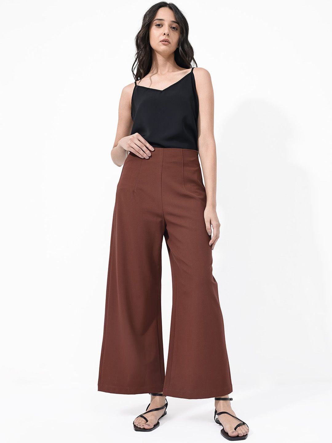 RAREISM Women Flared High-Rise Parallel Cotton Trousers