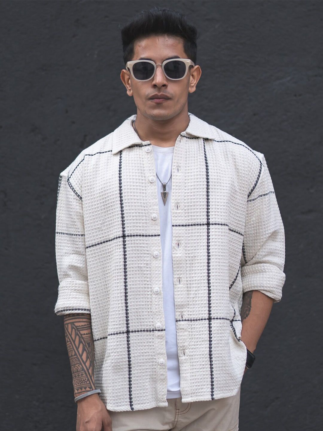 Powerlook Off White India Slim Oversized Checked Shackets
