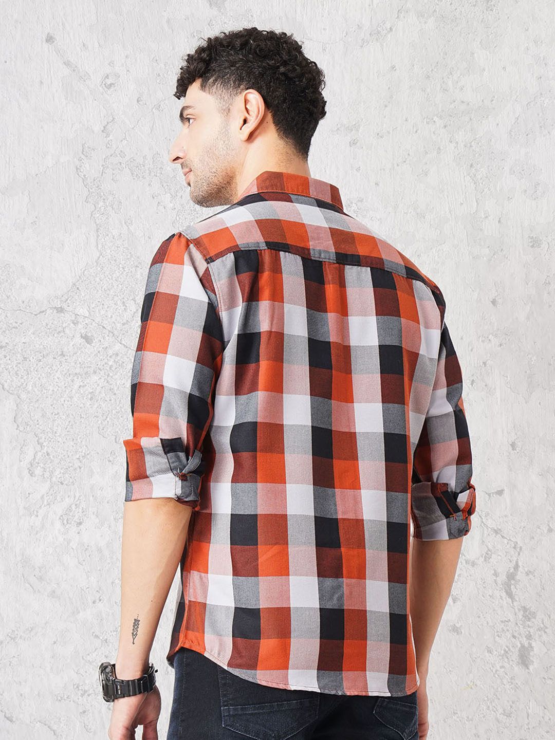 The Indian Garage Co Men Rust Red & Black Checked Pure Cotton Casual Shirt