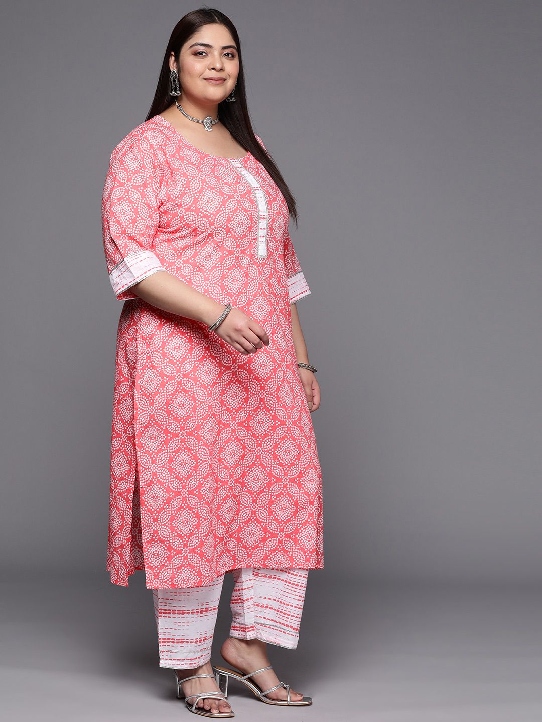 EXTRA LOVE BY LIBAS Plus Size Bandhani Printed Gotta Patti Pure Cotton Kurta Set