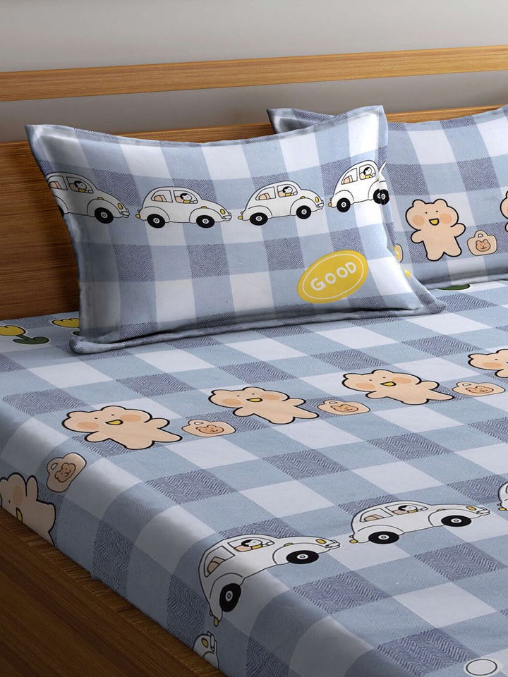KLOTTHE Blue Conversational Cotton 300 TC King Bedsheet with 2 Pillow Covers-98 x 89 inches
