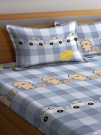 KLOTTHE Blue Conversational Cotton 300 TC King Bedsheet with 2 Pillow Covers-98 x 89 inches