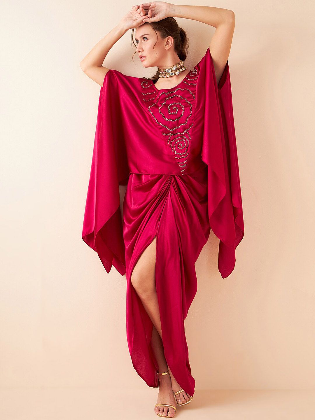 Antheaa Pink Embellished Top With Draped Skirt