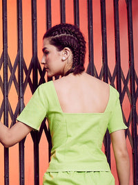 Athena Lime Green Square Neck Cotton Canvas Regular Top