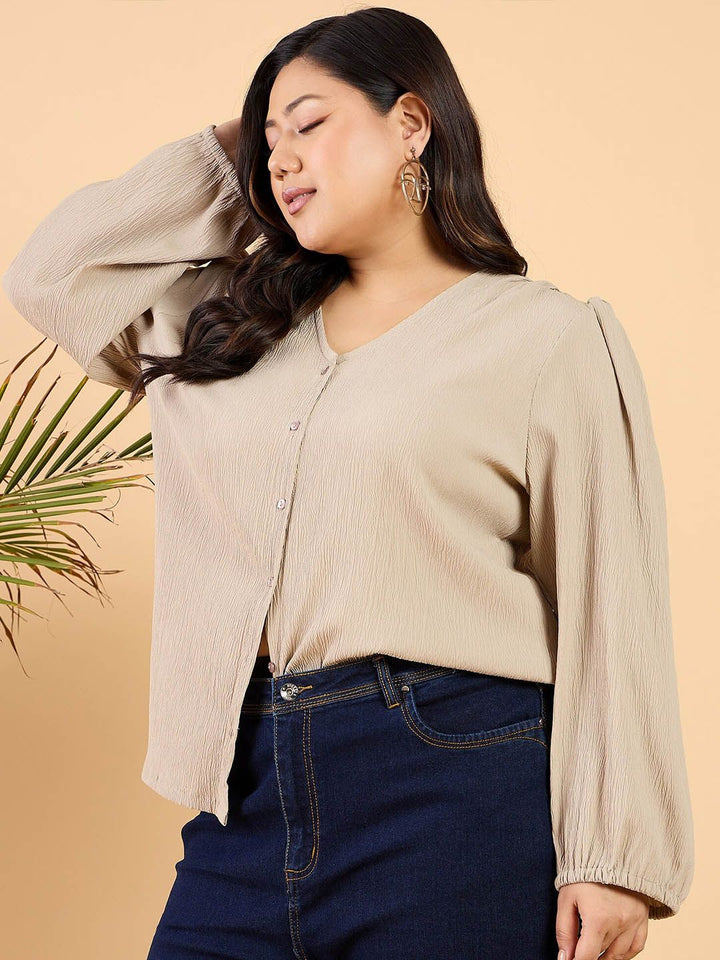 CURVY STREET Plus Size V-Neck Puff Sleeve Top