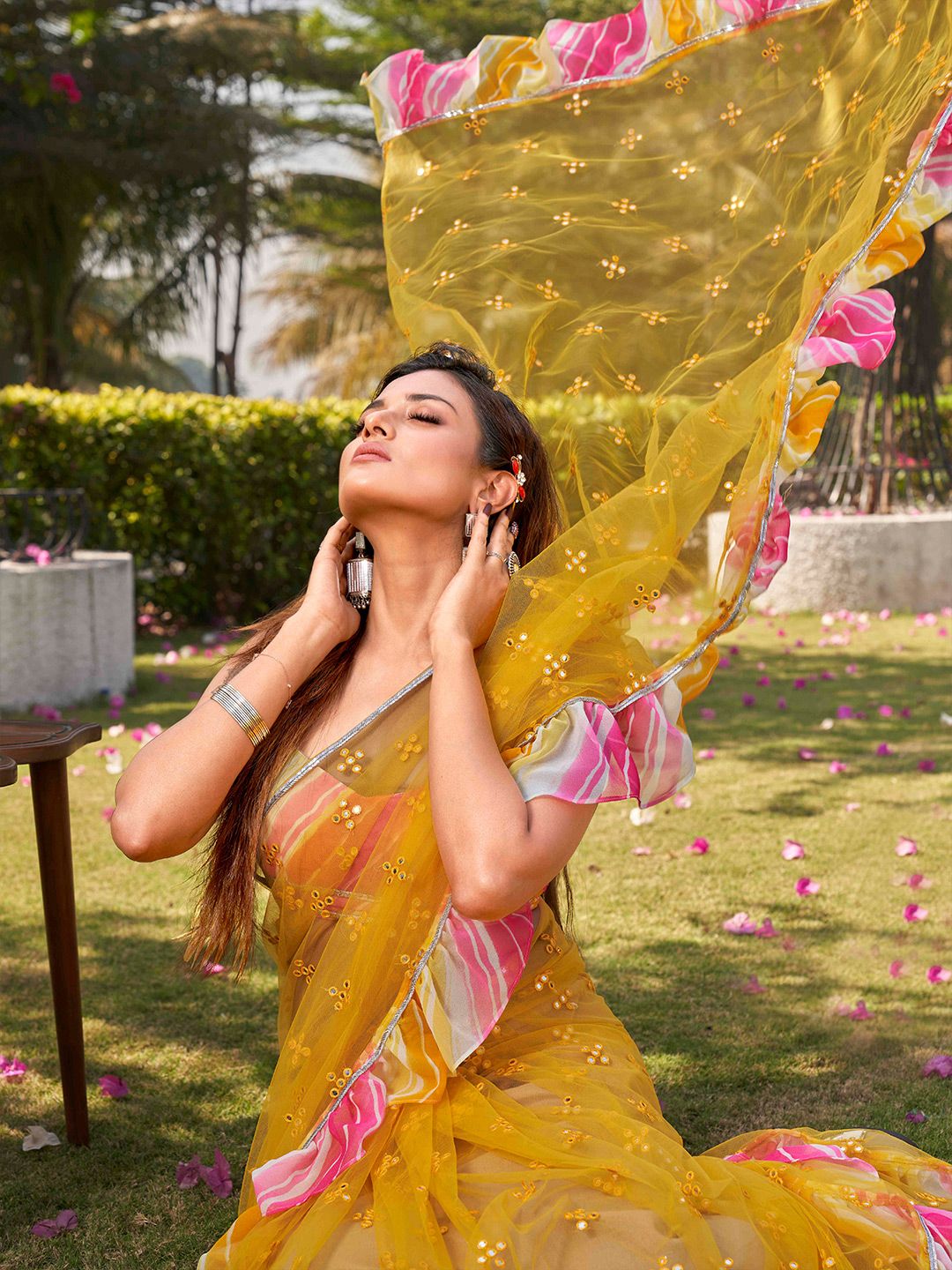 Tikhi Imli Yellow Embellished Mirror Work Net Ruffle Saree