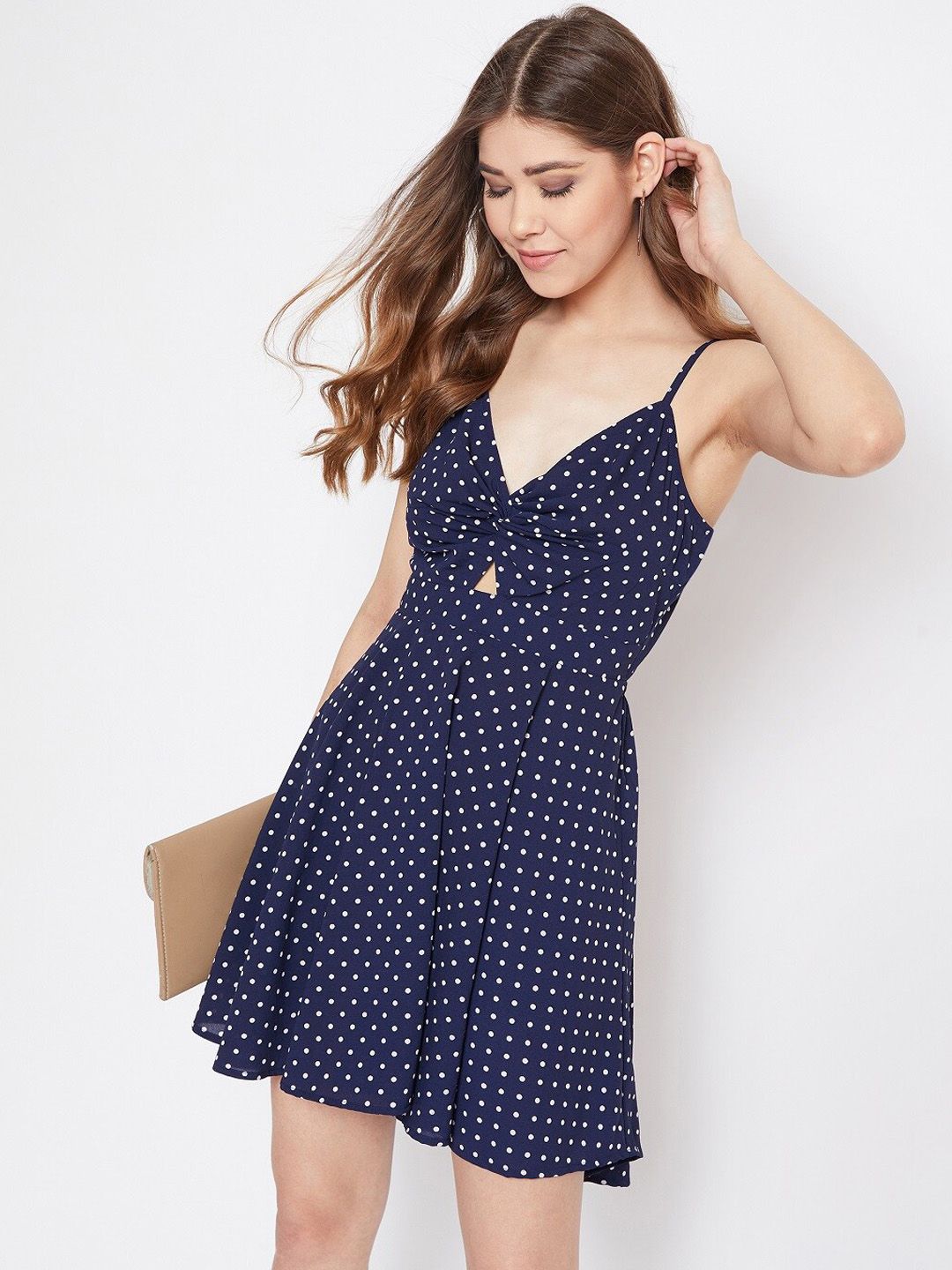 Berrylush Navy Blue Printed Crepe Fit and Flare Dress