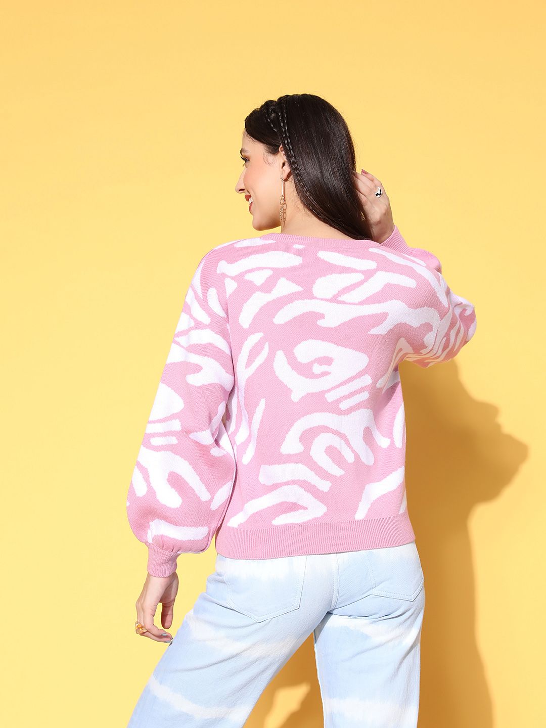 Berrylush Women Pink Abstract Knits Bits Sweater