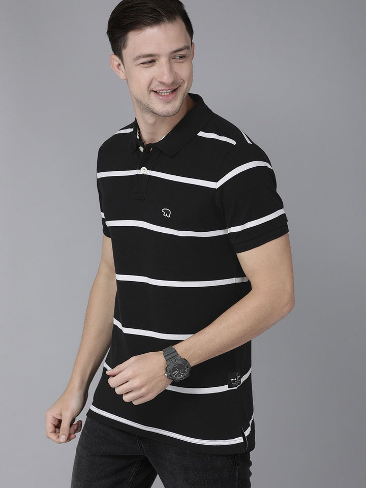 THE BEAR HOUSE Men Black  White Striped Polo Collar Slim Fit Pure Cotton T-shirt