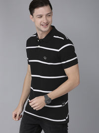 THE BEAR HOUSE Men Black  White Striped Polo Collar Slim Fit Pure Cotton T-shirt