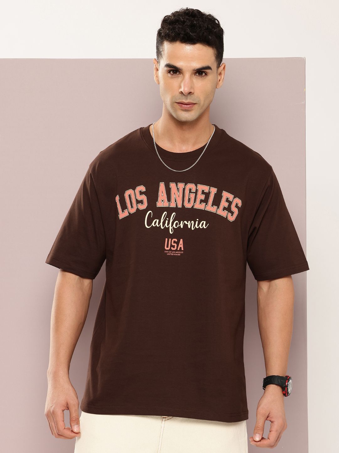 DILLINGER Lelaki Typography Colourblocked Drop-Shoulder T-shirt Bersaiz Besar Kapas Tulen
